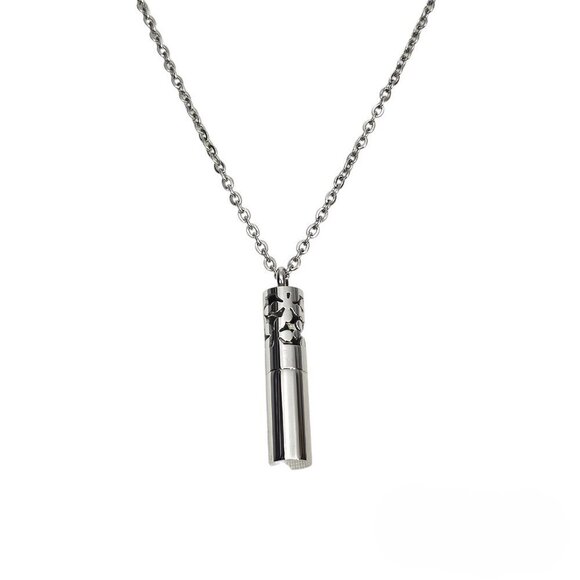 Silver Tone Stainless Steel Cylinder Floral Swirl Essential Oil Pendant Necklace - Picture 8 of 8